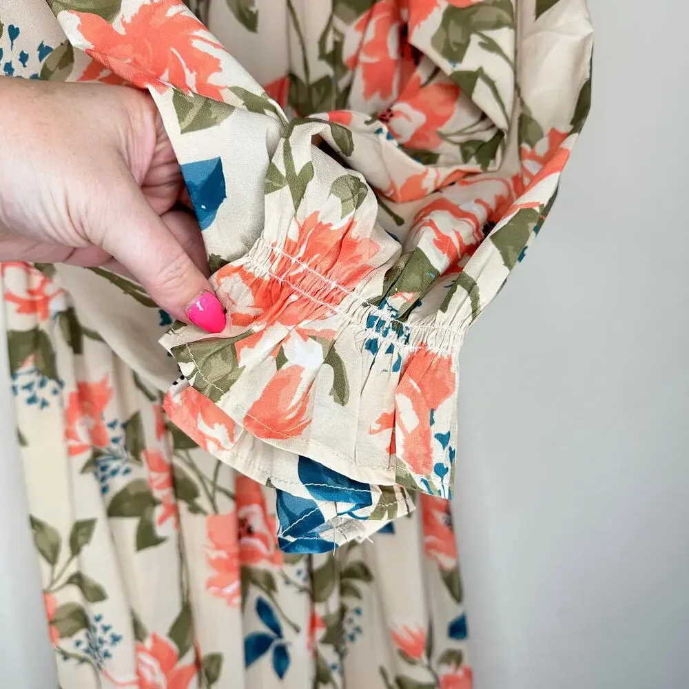 NWT Arthur Jane Claire Ruffle Neck Floral Long Sleeve Button Up Midi Dress Large - Picture 7 of 14
